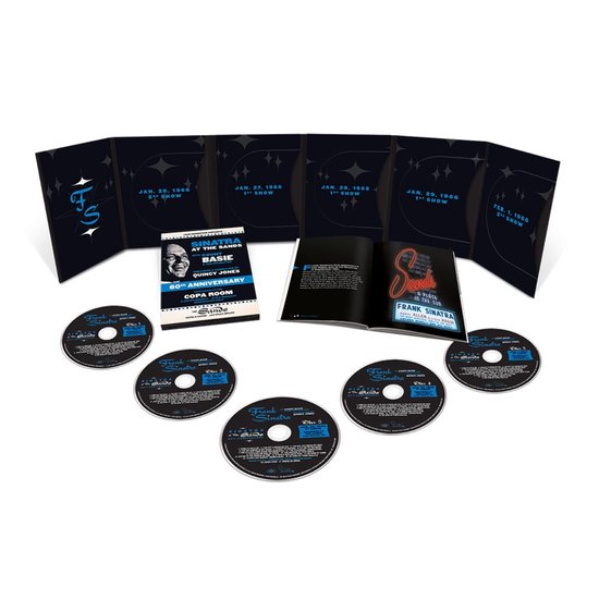5 cd's met boekje en map met data, in een doos: Sinatra At The Sands, 60th Anniversary met Quincy Jones.