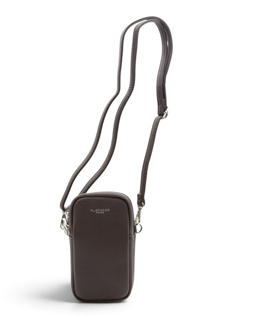 Donkerbruin leren crossbody tasje met rits en een smal hengsel. Merknaam 'FLORA & CO' zichtbaar.