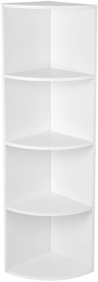 Hoekrek Hoekboekenkast Opbergrek 30 x 30 x 129,5 cm Wit 3-laags ontwerp Open planken met afgeronde vorm Stevig en duurzaam Ruimtebesparend Eenvoudig te monteren en schoon te maken Geschikt voor slaapkamer woonkamer en studeerkamer