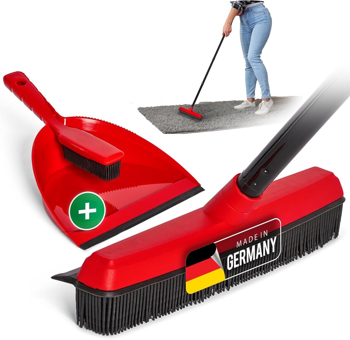 Bezem met opvangbak - Rood - 1 - Rubberen borstels - Voor binnen en buiten
