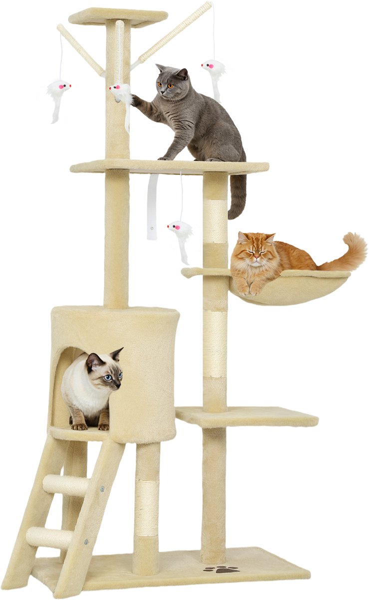 Krabpaal met grot-4 speeltjes-sisalpalen-groot platform-trapje-voor katten tot 5 kg-beige