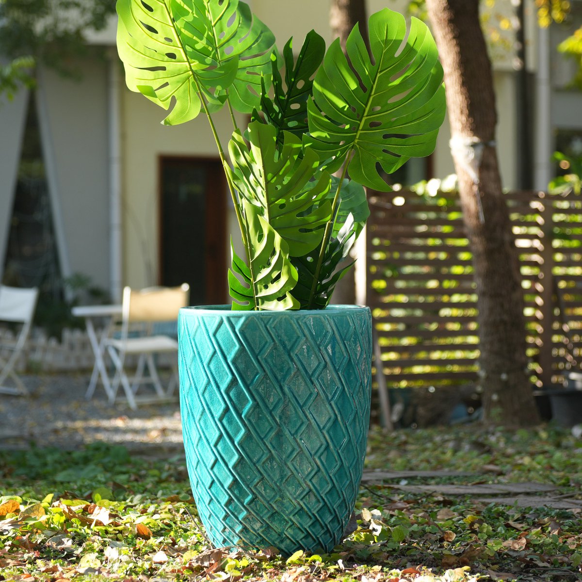 VVBV Bloempot 42x42x54 cm - Vorstbestendig, Ruitpatroon, Hoogglans - Cyaan, Keramiek