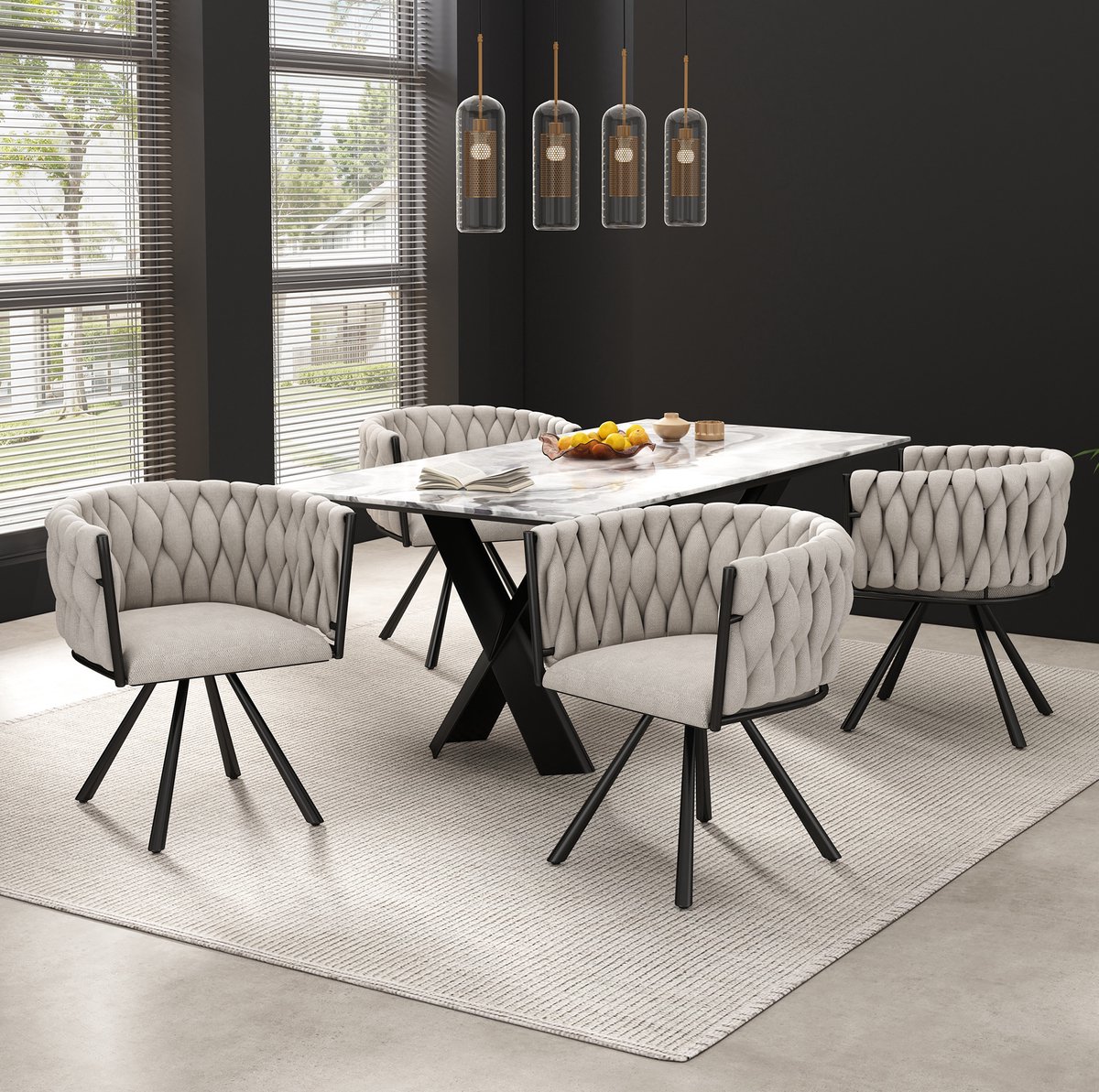 OKWISH Eetkamerstoel - Set van 4 - 360° Draaibaar Met Armleuningen En Gevoerde Zitting - Modern Design Voor Eetkamer En Woonkamer - Stof - Zwart En Linnen