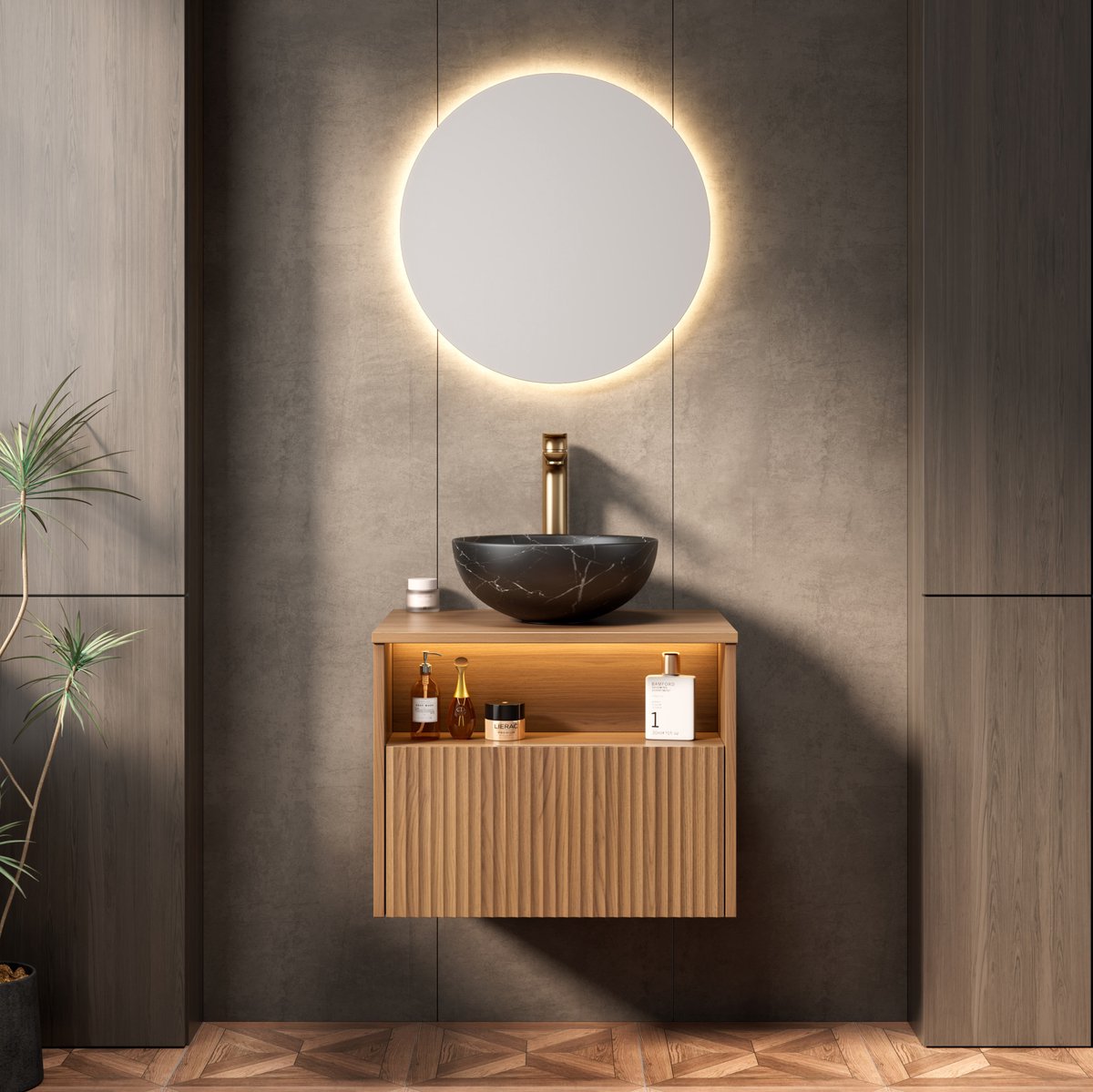 MIVRAY Badkamer Wastafelmeubel - Wandhangend Met Sensorverlichting En Open Vak - Voor Moderne Badkamer - Hout En Keramiek - 60 Cm