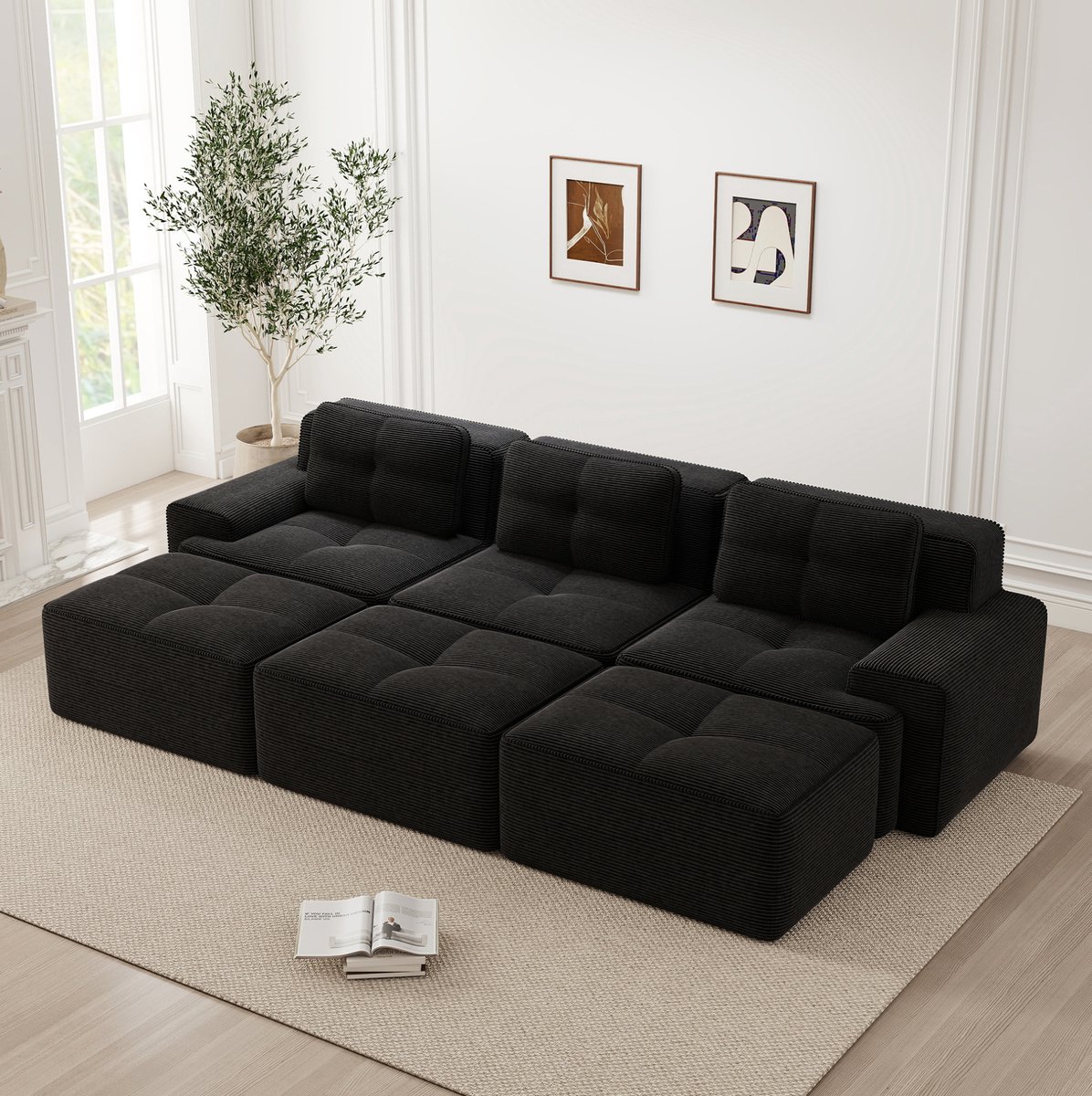 DESMIU Hoekbank 3-Zits - Modulaire Slaapbank Met 3 Hockers, Slaapfunctie En Zonder Montage - Voor Woonkamer En Lounge - Corduroy - Zwart