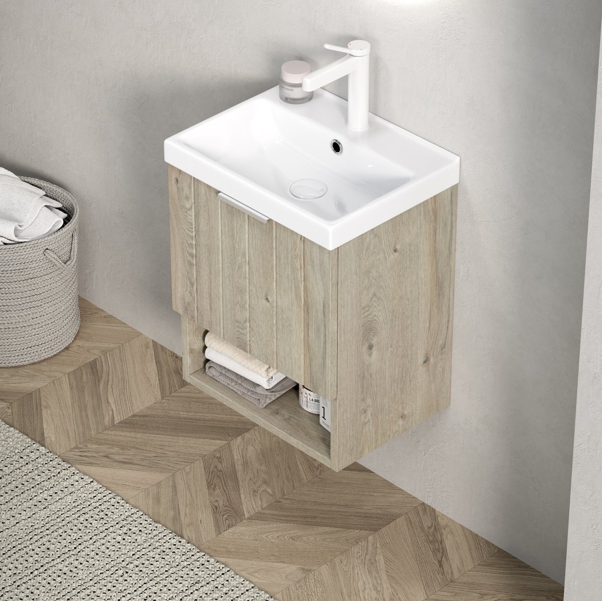 MIVRAY Badkamermeubel Met Wastafel - Hangend Ontwerp Met Dubbele Deuren En Open Vak - Voor Kleine Badkamers - Hout - Off White - 42 Cm