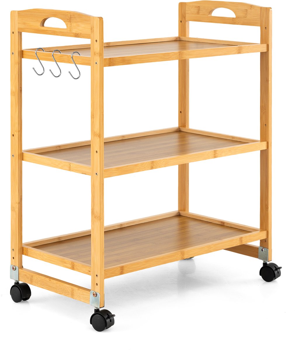 COSTWAY Serveerwagen bamboe, keukenwagen met wielen, natuur, 60 x 33 x 72 cm