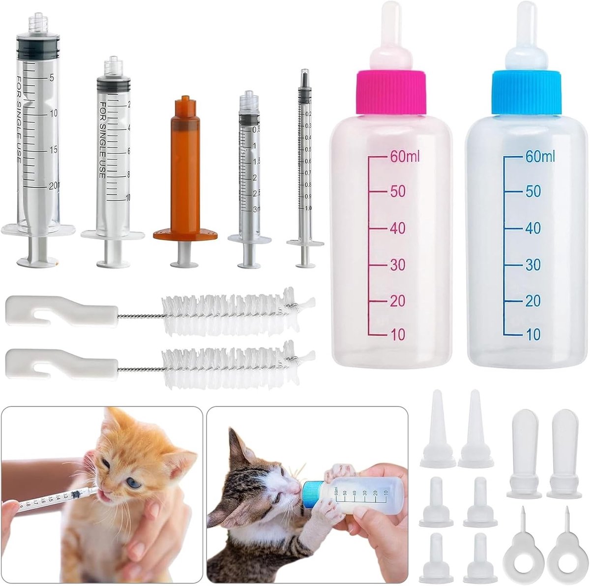 2 Stuks 60ml Voedingsdispenser voor Huisdieren, Flesje voor Puppy’s en Kitten, Spuit voor Dierenvoeding met Vervangbare Tepels voor Pasgeboren Kittens, Puppy’s en Kleine Dieren
