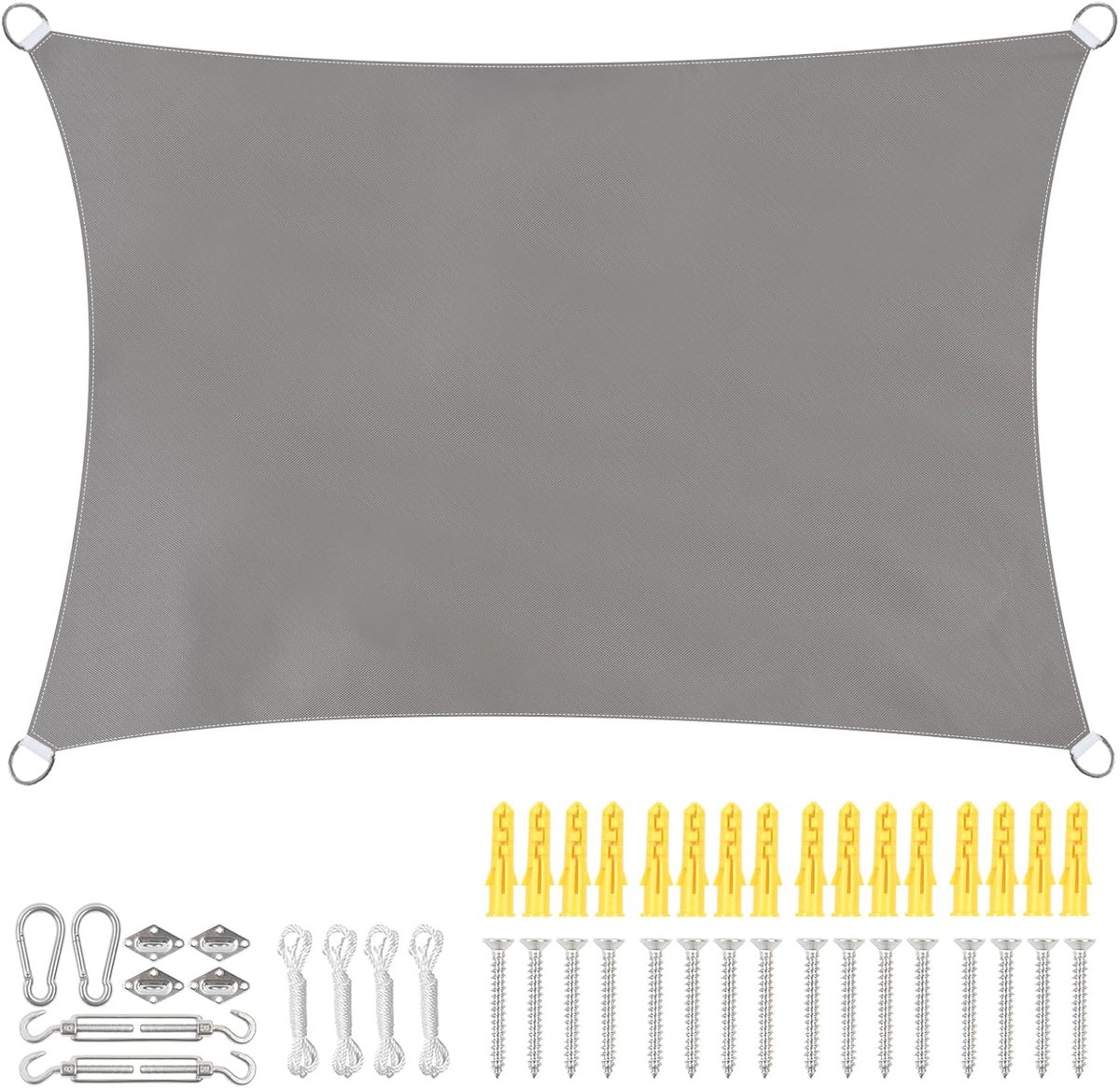 YedZen Zonnezeil, 2 x 3 m, 420D PU, waterdicht, met ingestanste ringen, 304 bevestigingsset en koord, weerbestendig - ShopVlot
