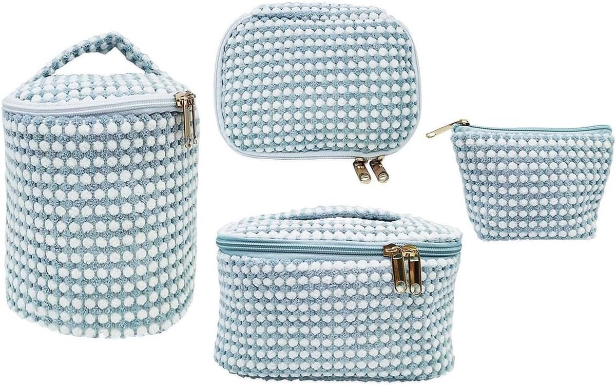 QTTVBTNA – 4 Stuks Make-up Tasjes – Cosmeticatassen Set met Ruitpatroon – Reis Toilettasjes voor Make-up, Cosmetica, Huidverzorging en Toiletartikelen – Blauw