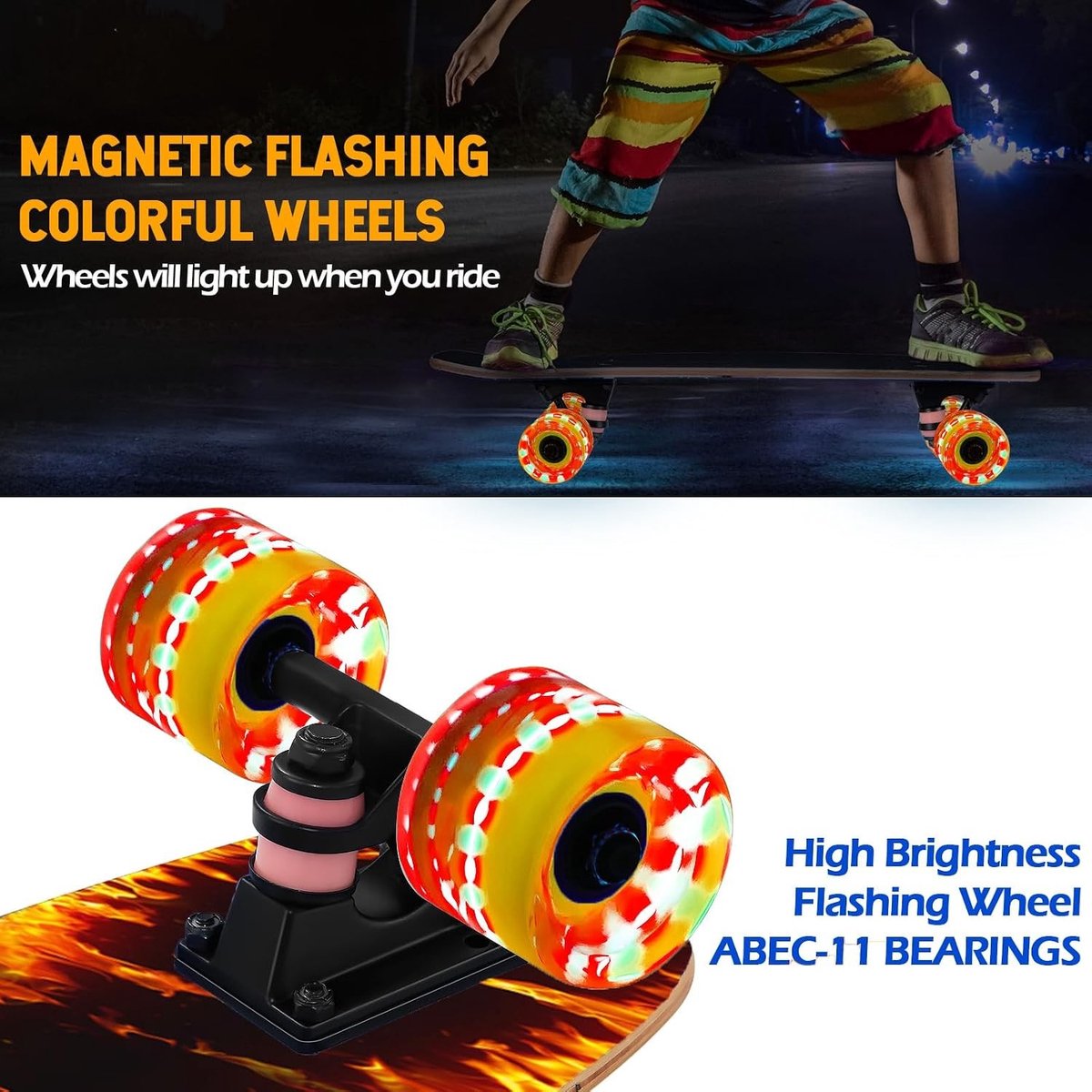 Kleurrijk Skateboard met Flitsende Wielen voor Beginners, Kinderen en Volwassenen - Compleet 9-laags Skateboard van Canadees Esdoorn, Ideaal voor Tricks en Stunts