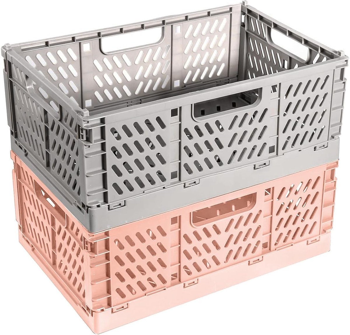 Set van 2 Vouwbare Opbergdozen - Stevige Plastic Opbergmanden voor Keuken, Slaapkamer en Tuin - Stapelbare Vouwdozen (Grijs + Roze, 42 x 28 x 16 cm)