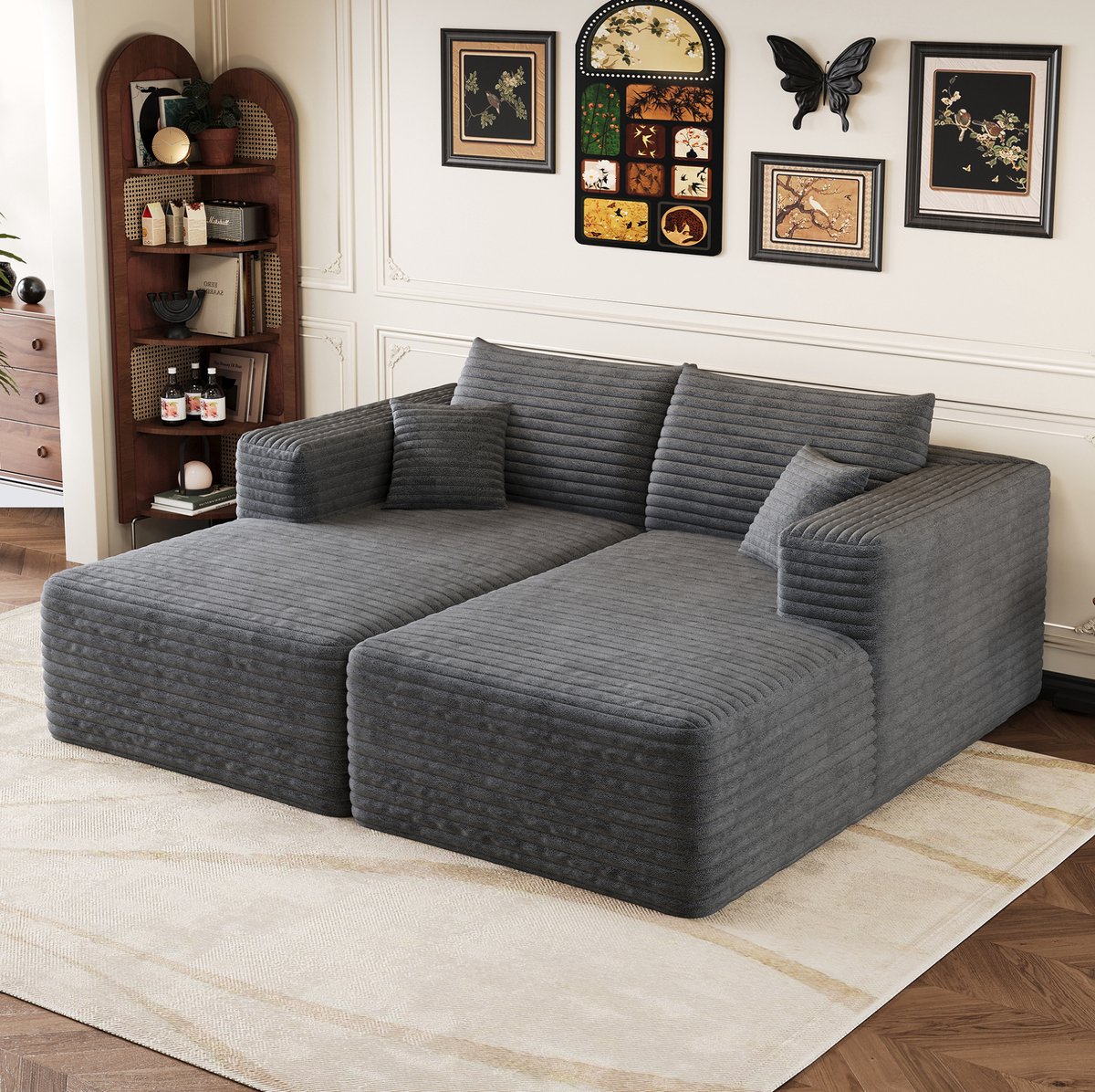 Hoekbank 180 x 151 cm Donkergrijs Modulaire Corduroy Slaapbank Zonder Montage Voor Woonkamer En Lounge Stof Donkergrijs