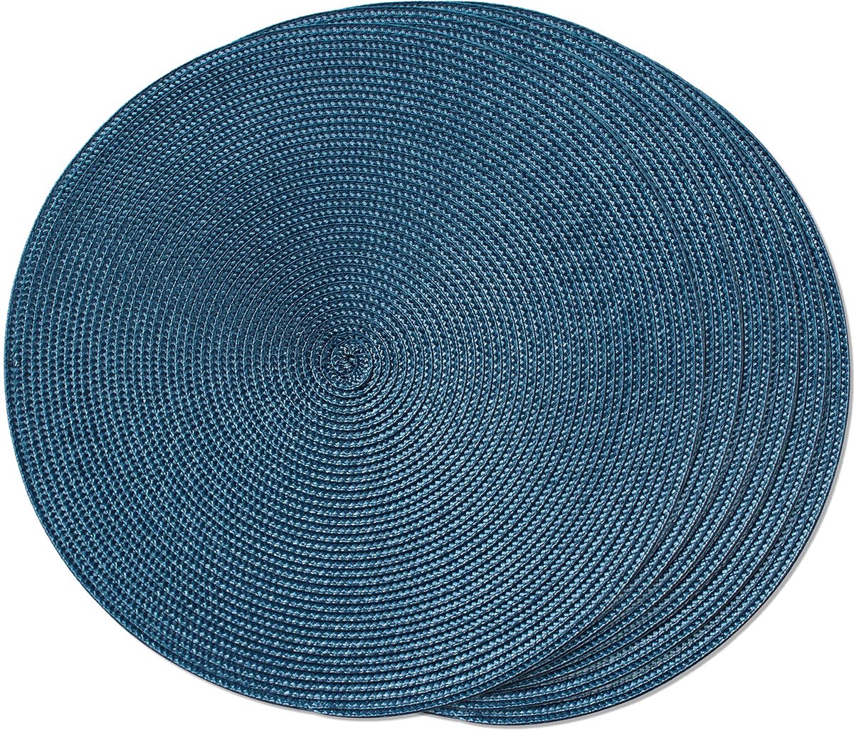 Famanu – Ronde gevlochten placemats set van 6, wasbare antislip placemats van 38 cm, ideaal voor eettafels in de zomer, blauw
