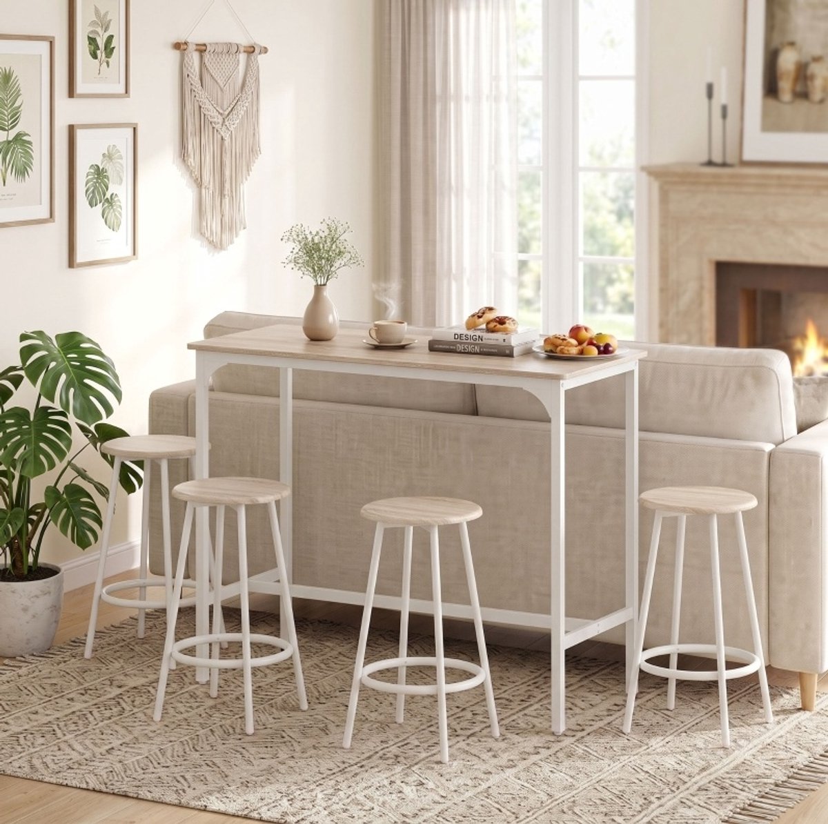 Bartisch Set Met 4 Barkrukken 5 Delig Industrieel Rechthoekig 110 X 50 X 89,5 Cm Voor Keuken En Eetkamer Hout Wit