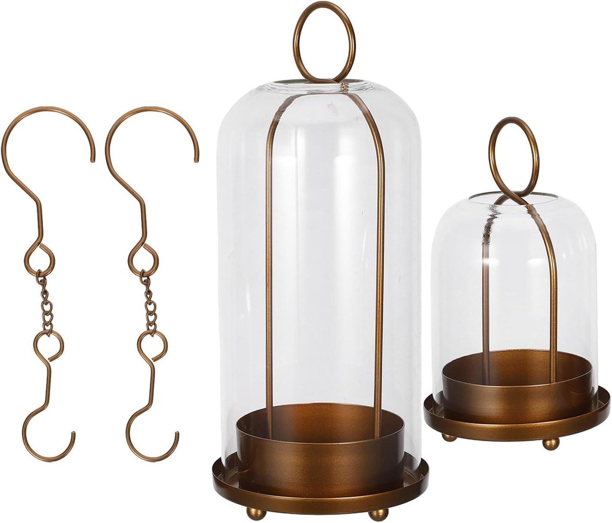 Metalen Stormlantaarns - Decoratieve Hanglantaarns - Sfeerverlichting Binnen - Glazen Koepel - 28.5 x 13 x 10 cm - Goud