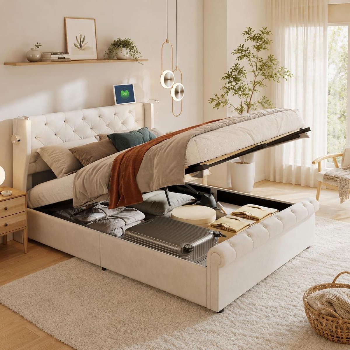 Gestoffeerd tweepersoonsbed - Luxe bedframe - Comfortabel slapen - Geïntegreerde USB-poort - 140x200 cm - Beige