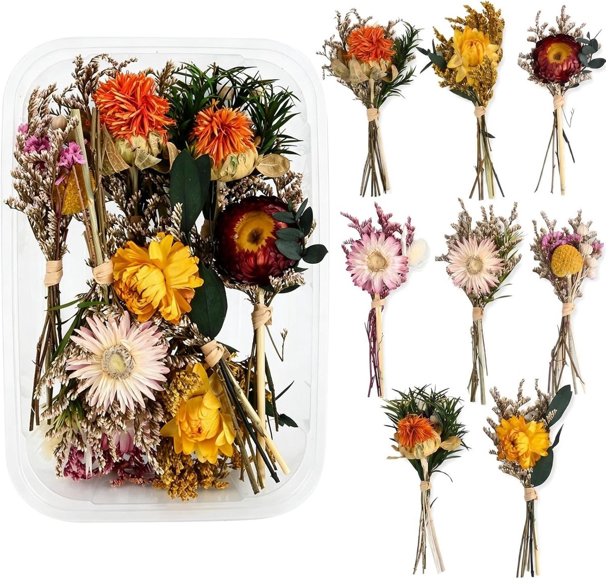 Mini boeketten met gedroogde bloemen - Natuurlijk, kleurrijk en duurzaam decor voor elke gelegenheid