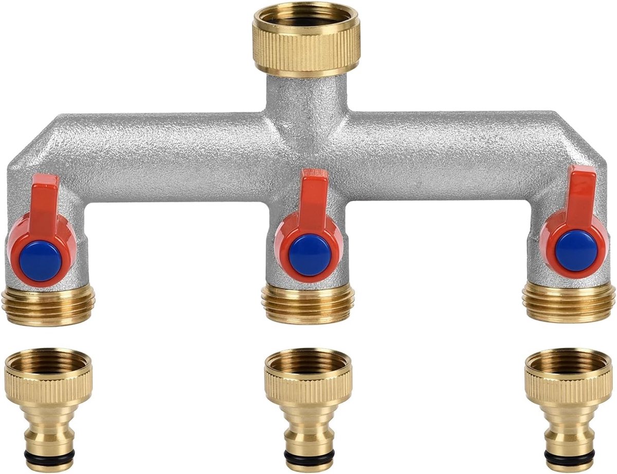 3/4 inch 3-weg messing kraansplitter met 3 individuele kleppen en snelkoppelingen voor tuin en keuken, ideaal voor waterbesparing en efficiënt gebruik van tuinslangen