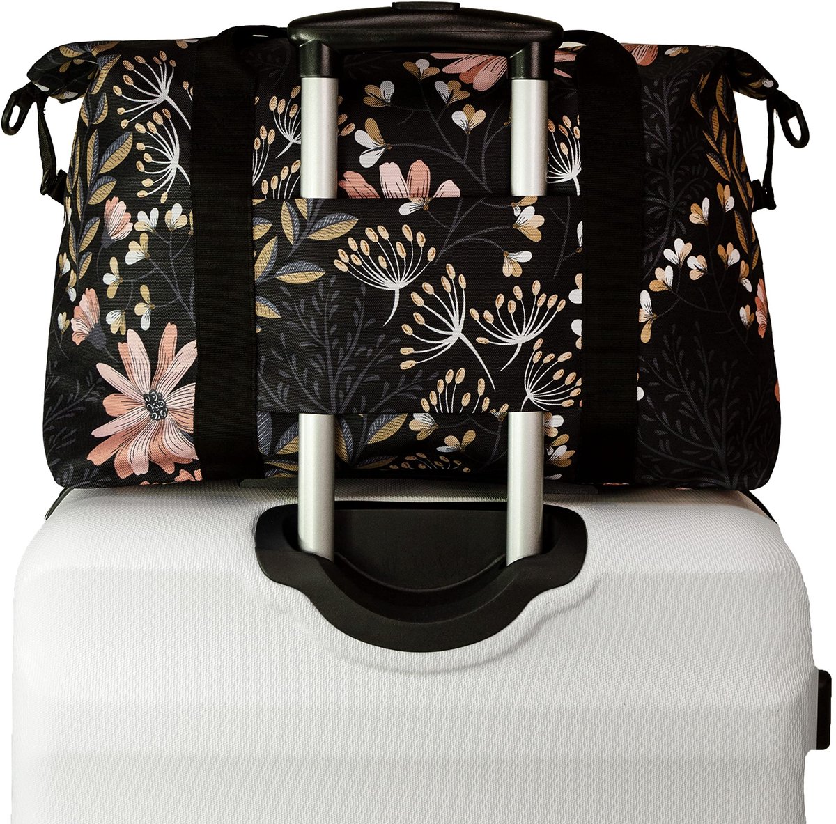 Reistas Eén maat - zwart met bloemen - multifunctionele weekendtas - perfect voor overnachtingen - ShopVlot
