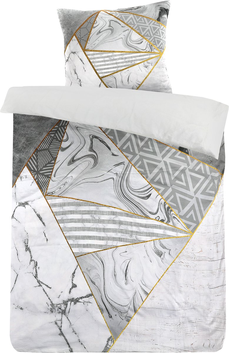 Padiro dekbedovertrek 140 x 200 cm - grijs / goud - abstract / marmer patroon - katoensatijn - met 1 kussensloop 50 x 75 cm
