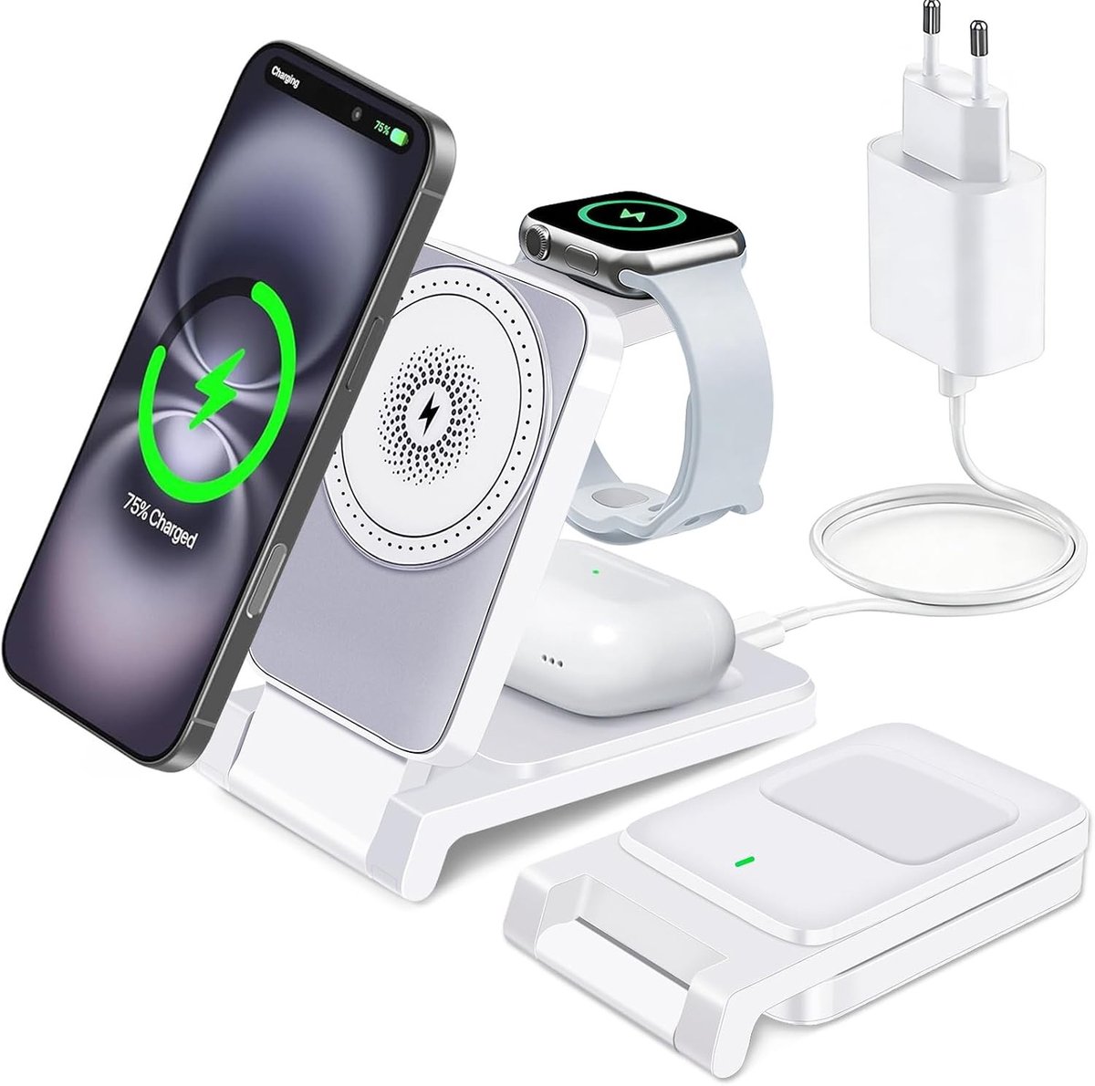Laadstation 3-in-1 - Wit - Draadloos met MagSafe Compatibiliteit - Voor Smartphones, Smartwatch en AirPods