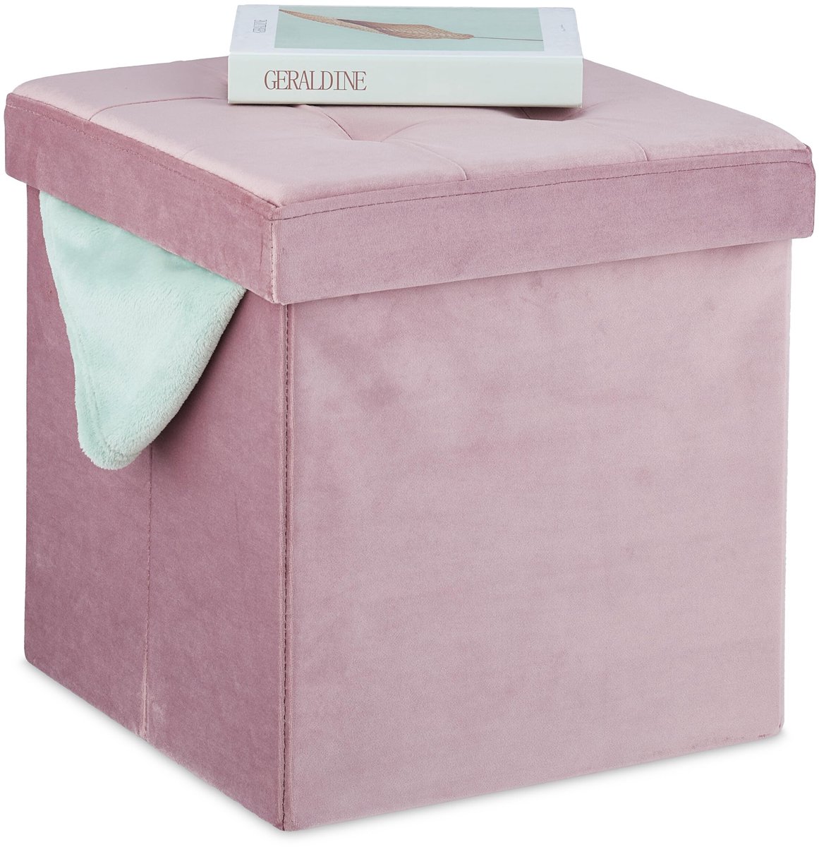Famanu – Poef met opbergruimte van fluweel, gepolsterde zithocker, vierkant, 38 x 38 x 38 cm, opvouwbare zitkist in roze
