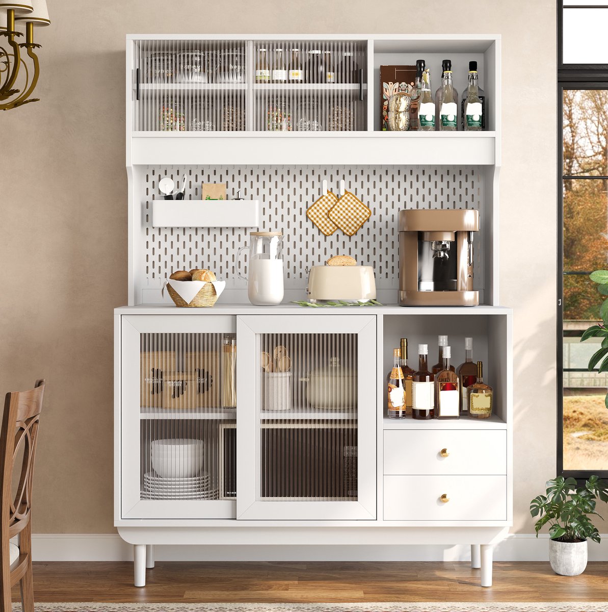 FloraGrace Keukenkast - Ribbelglas Schuifdeuren En Geperforeerde Achterwand - Voor Keuken En Eethoek - Hout - 117x30x170 Cm - Wit