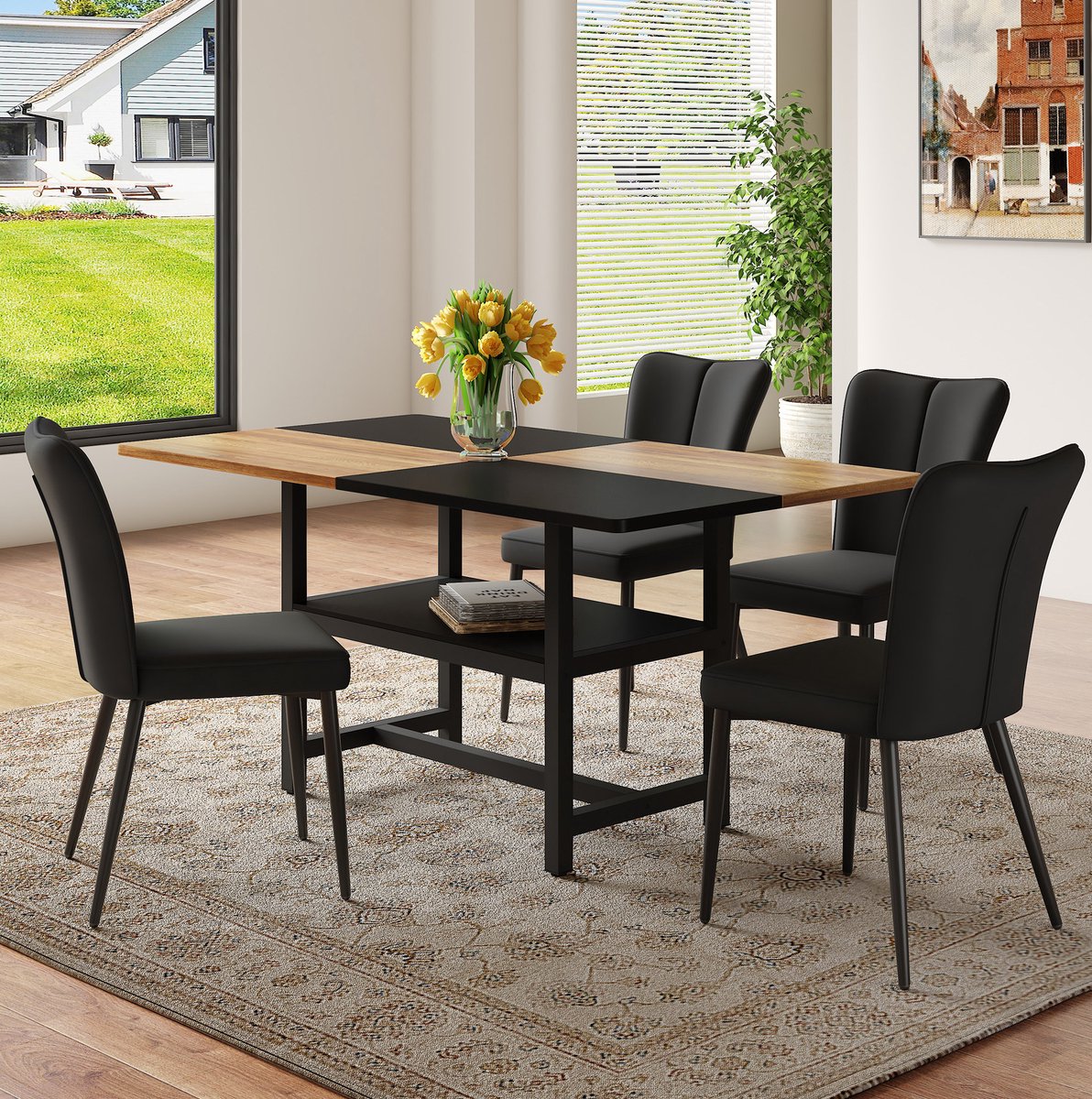 Wishdor Set tafel en stoelen - 160 cm rechthoekig - Ingebouwde opbergruimte - Modern design - Eetkamer woonkamer keuken - Hout metaal kunststof - Bruin zwart - 160 x 90 x 76 cm