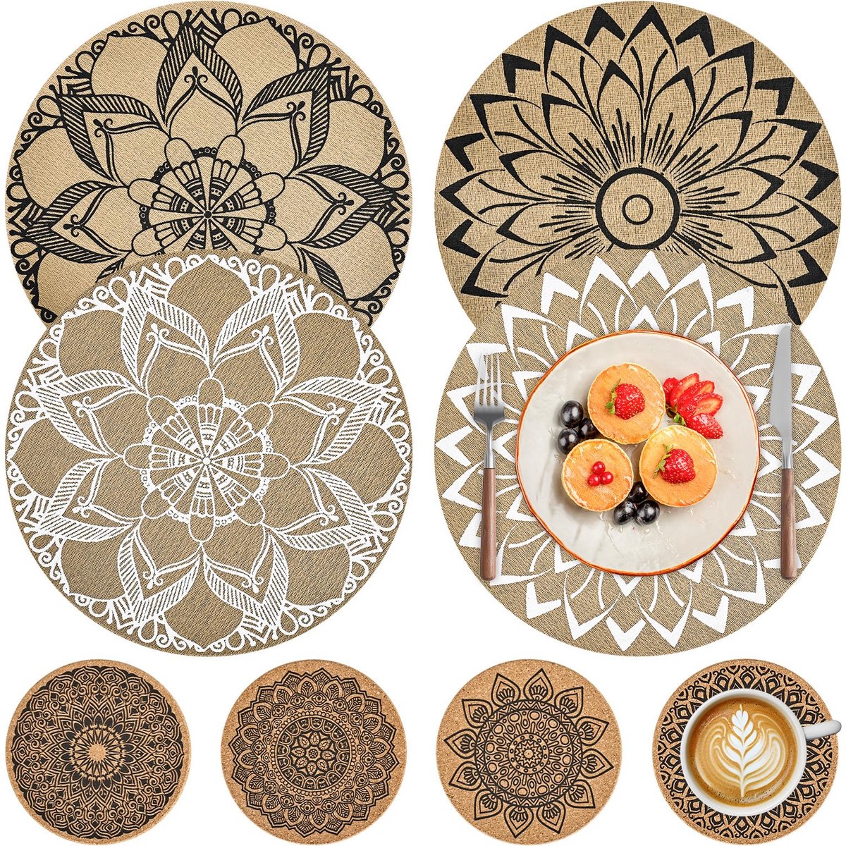 Famanu – Set van 8 ronde placemats en onderzetters voor borden, hittebestendige en wasbare PVC placemats, antislip voor eettafels en restaurants