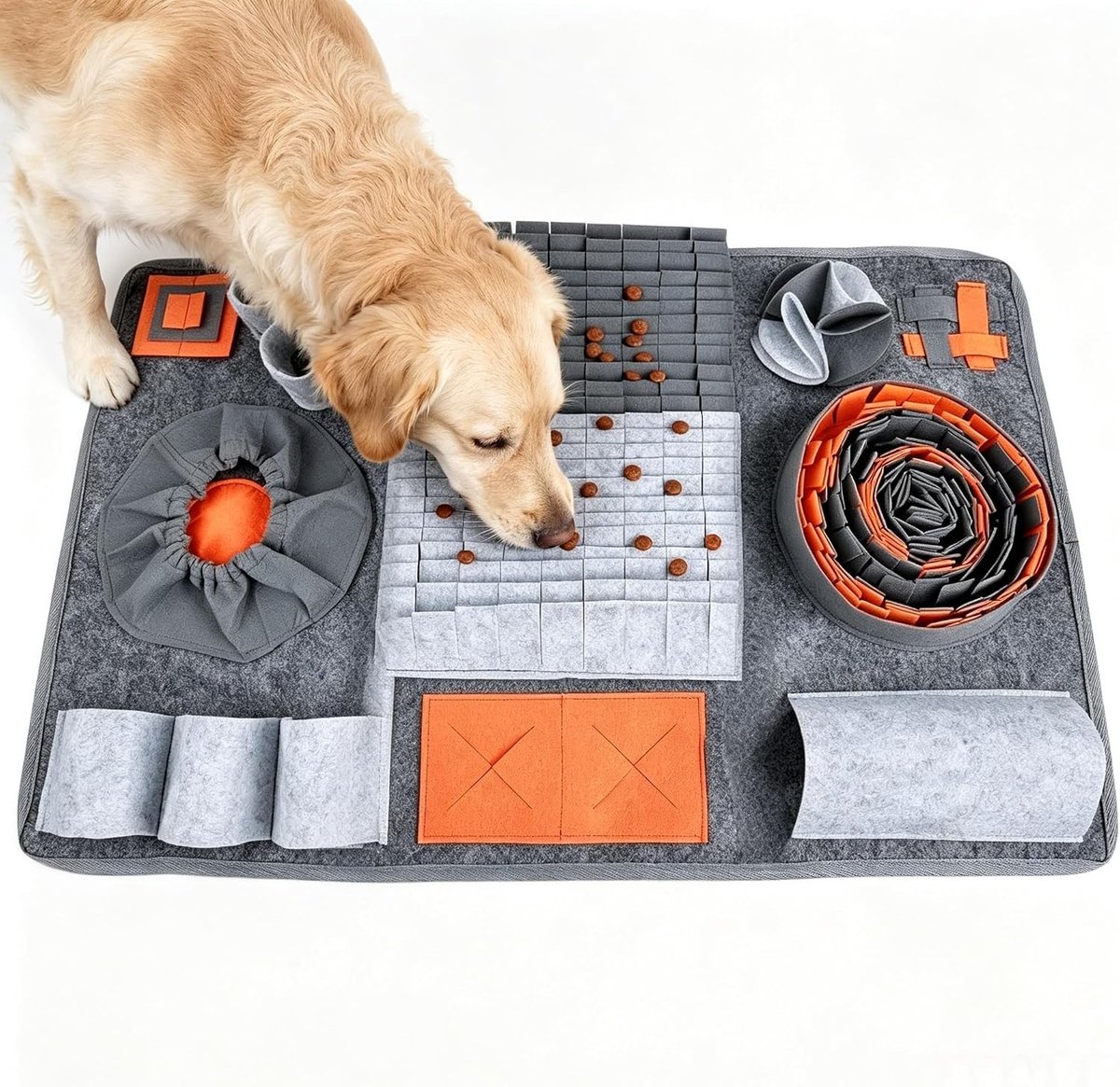 Wasbaar snuffeltapijt voor honden in grijs en oranje, 66 x 42 cm, ideaal voor training en tegen verveling