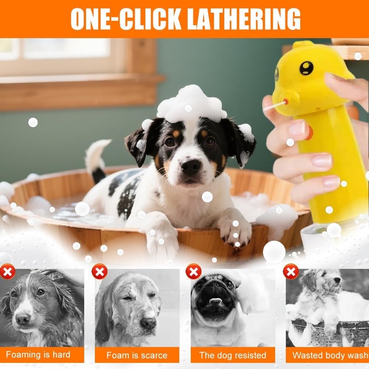 Automatische Schuimzeepdispenser voor Honden met Borstel, Ideaal voor Bad en Verzorging, Geel