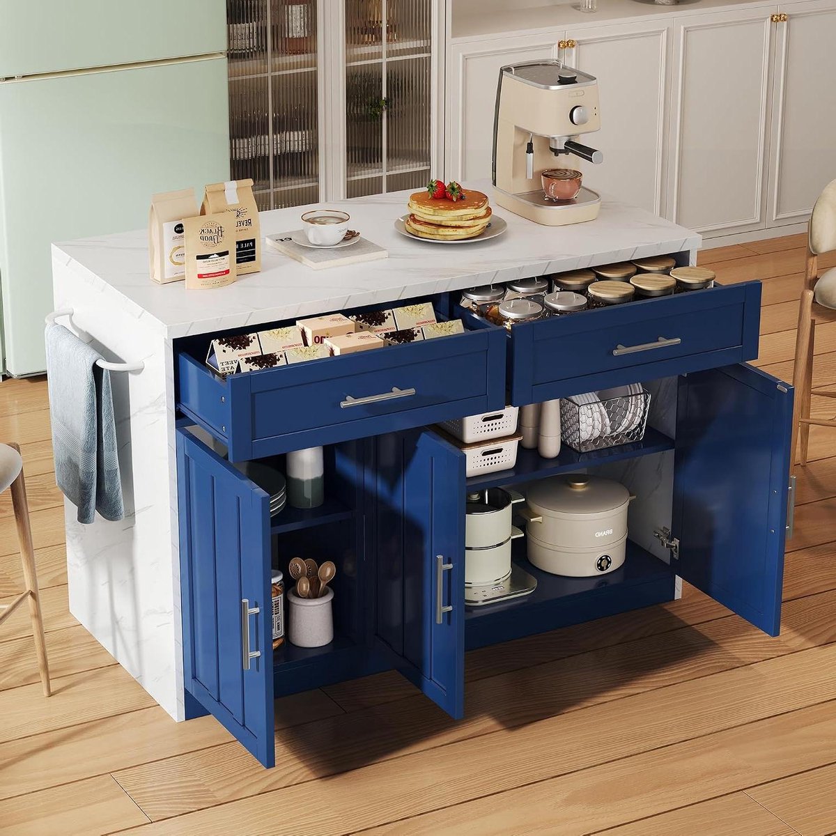 Keukenblok met stroom - Keukeneiland bar - Koken en laden - Geïntegreerde USB - 120 cm breed - Marmerwit