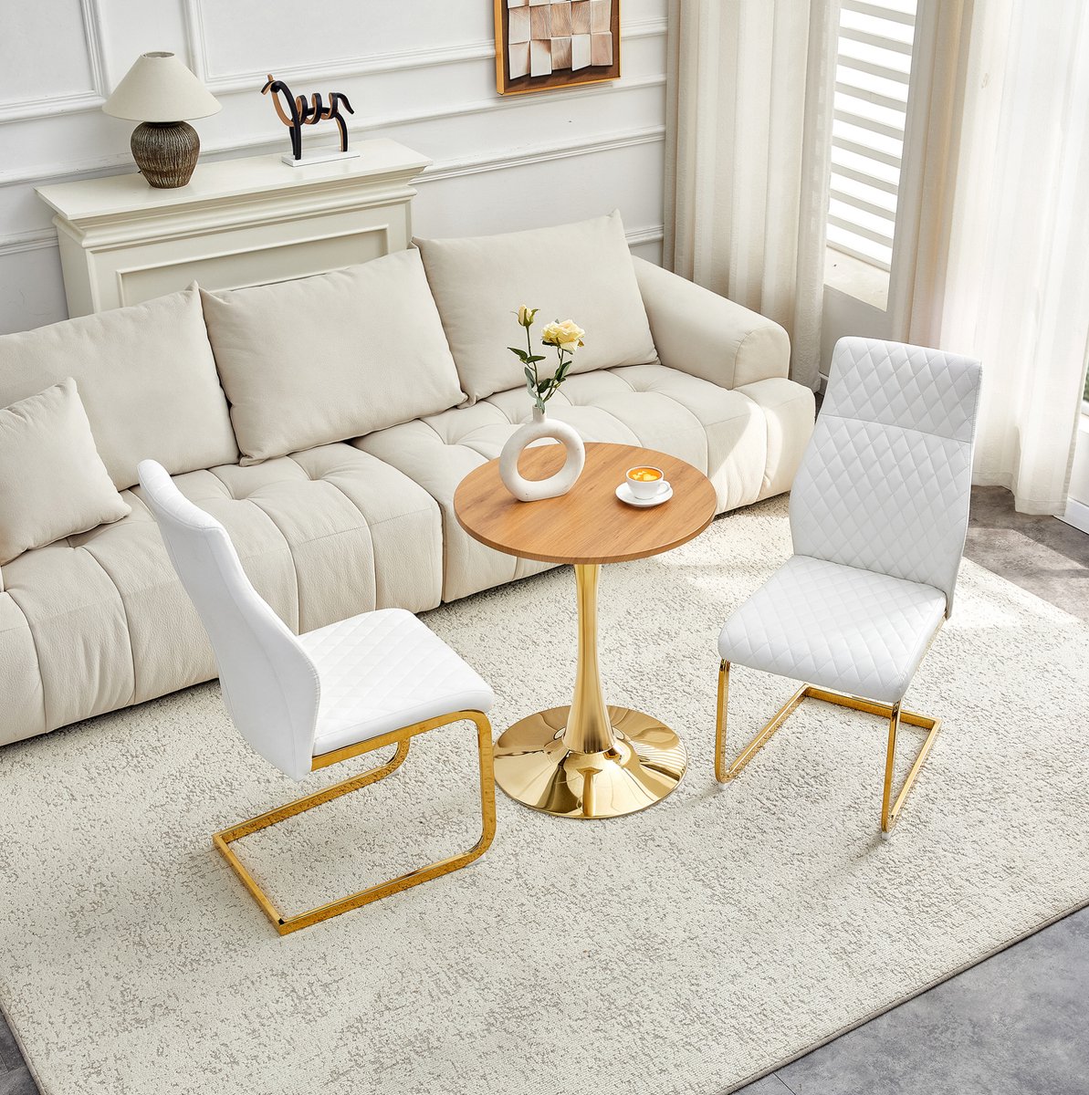 Wishdor Ronde eettafel set Ø 60 cm - 2 eetkamerstoelen - Modern design - Woonkamer eetkamer hoek - Hout metaal - Wit goud - Ruitmotief - Gouden metalen frame