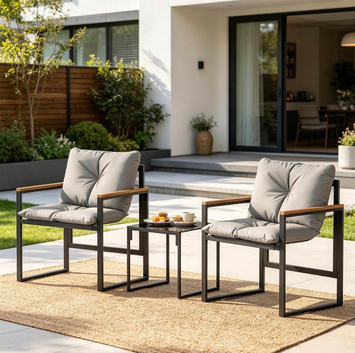 OKWISH Loungeset – 2 Zitplaatsen Met Tafel – Met Kussens, Glasblad En Stevig Metalen Frame – Voor Balkon, Terras En Tuin – Metaal En Textielene – Zwart Grijs