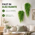 Twee groene kunsthangplanten sieren een woonkamer met bank en salontafel.