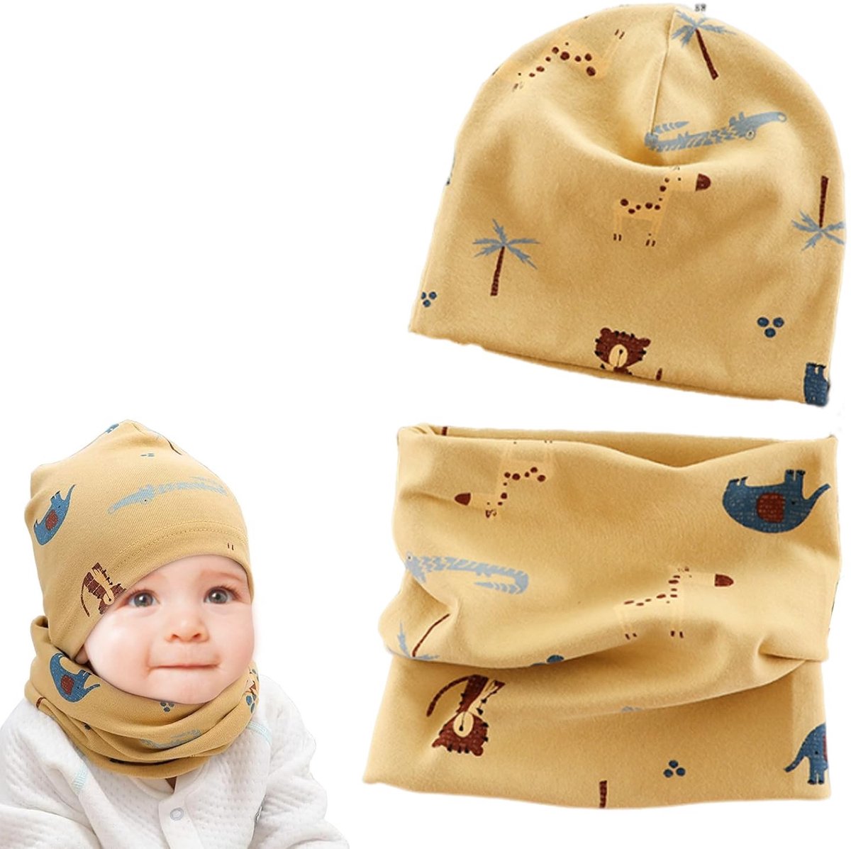 Dailygoods- Muts Katoen - Wintermuts - Sjaalset - Baby - Jongens/Meisjes - Olifantenprint - Ademend Materiaal - Babymuts