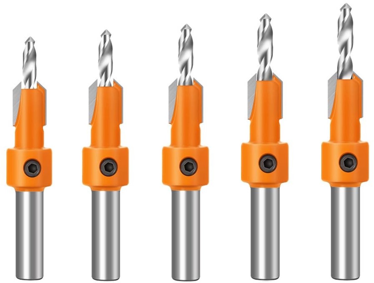 Dailygoods- Verzinkboor 5-delige set - Verzinkborenset - Houtbewerking - Vervangbare boren - Hoogwaardig gelegeerd staal - Gaten boren 10 mm - Boorset