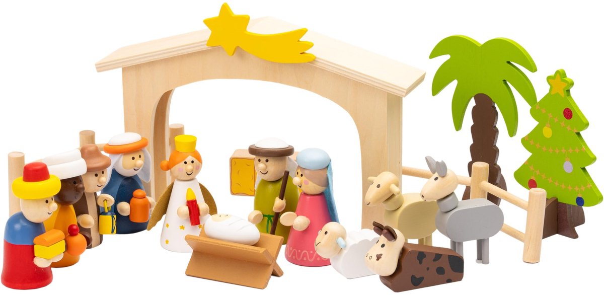 Dailygoods- Kerststal handbeschilderd - 18-delig - figuren met kerstboom - speelse decoratie - traditie voor kinderen - versterkt creativiteit - Nativiteitsdecoratie