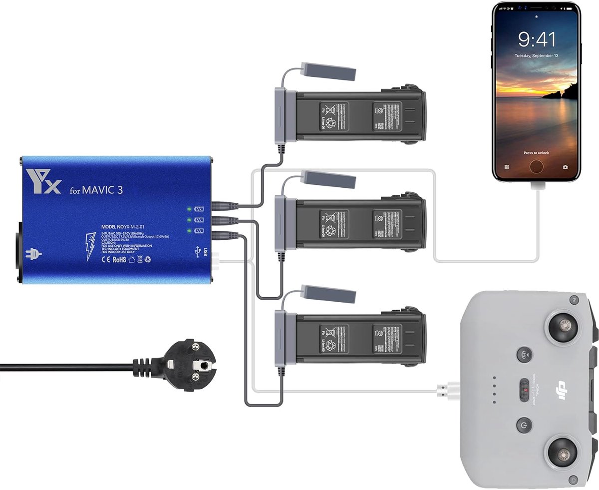 Acculader - Oplaadstation - Drone Accu's Laden - Laadt 5 Apparaten - 3 Accu's 2 USB - Blauw