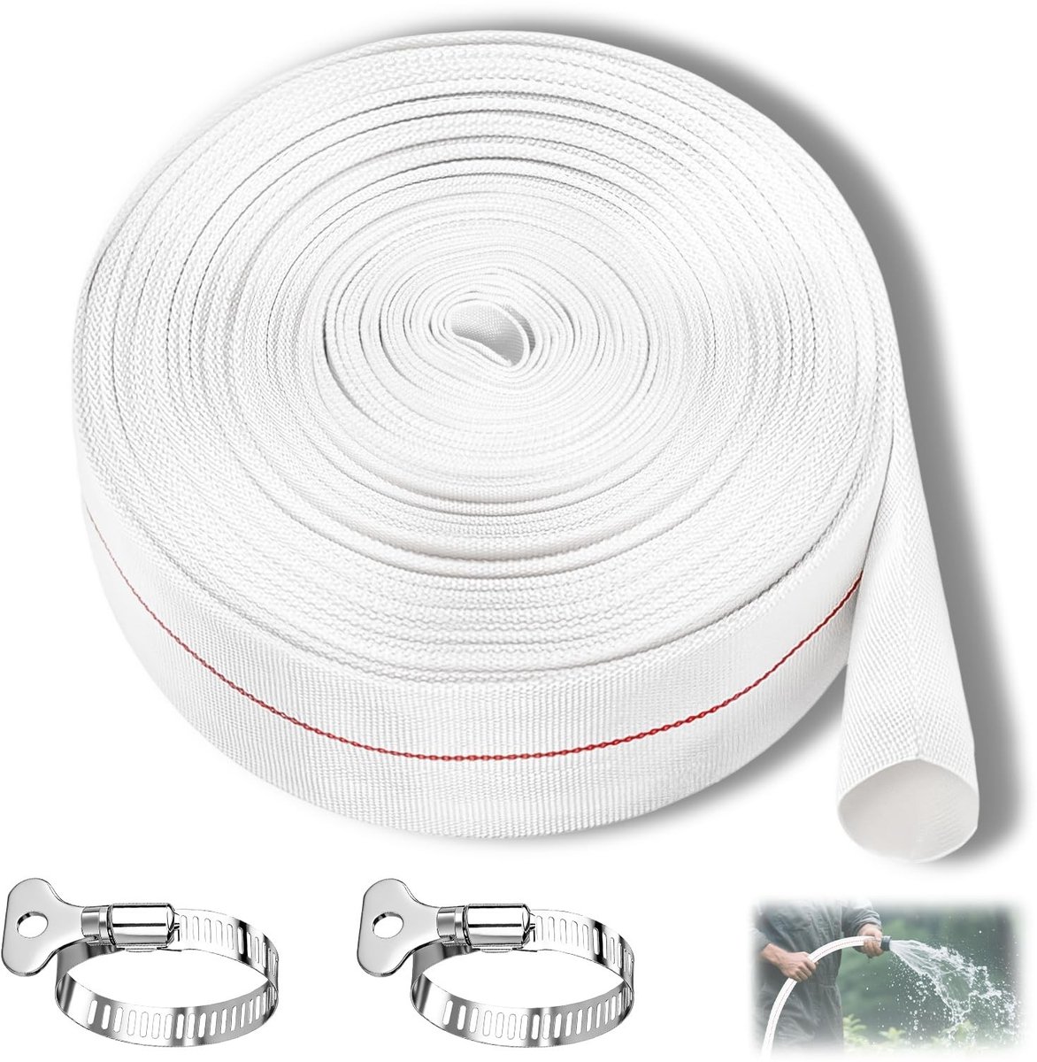 Dailygoods - 10 m weefselslangset, industriële slang met 2 roestvrij staal, platte slang, afvoerslang voor dompel- en andere waterpompen, tuinirrigatie, whirlpools