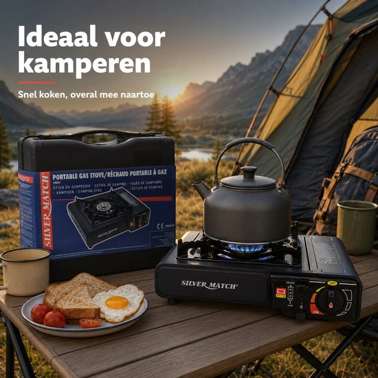 Silver Match Camping Kooktoestel - Camping Gasstel met Draagkoffer - Gasfornuis 2000 Watt - Gastoestel Camping 1 pit - Zwart — afbeelding 3