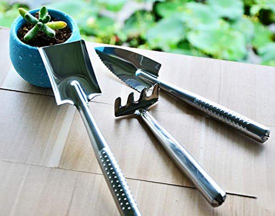 Mini Tuinieren Gereedschap - Kleine Hand Schop - Potplanten Verzorgen - Roestvrij Staal - 3 Delig - Zilver — afbeelding 5