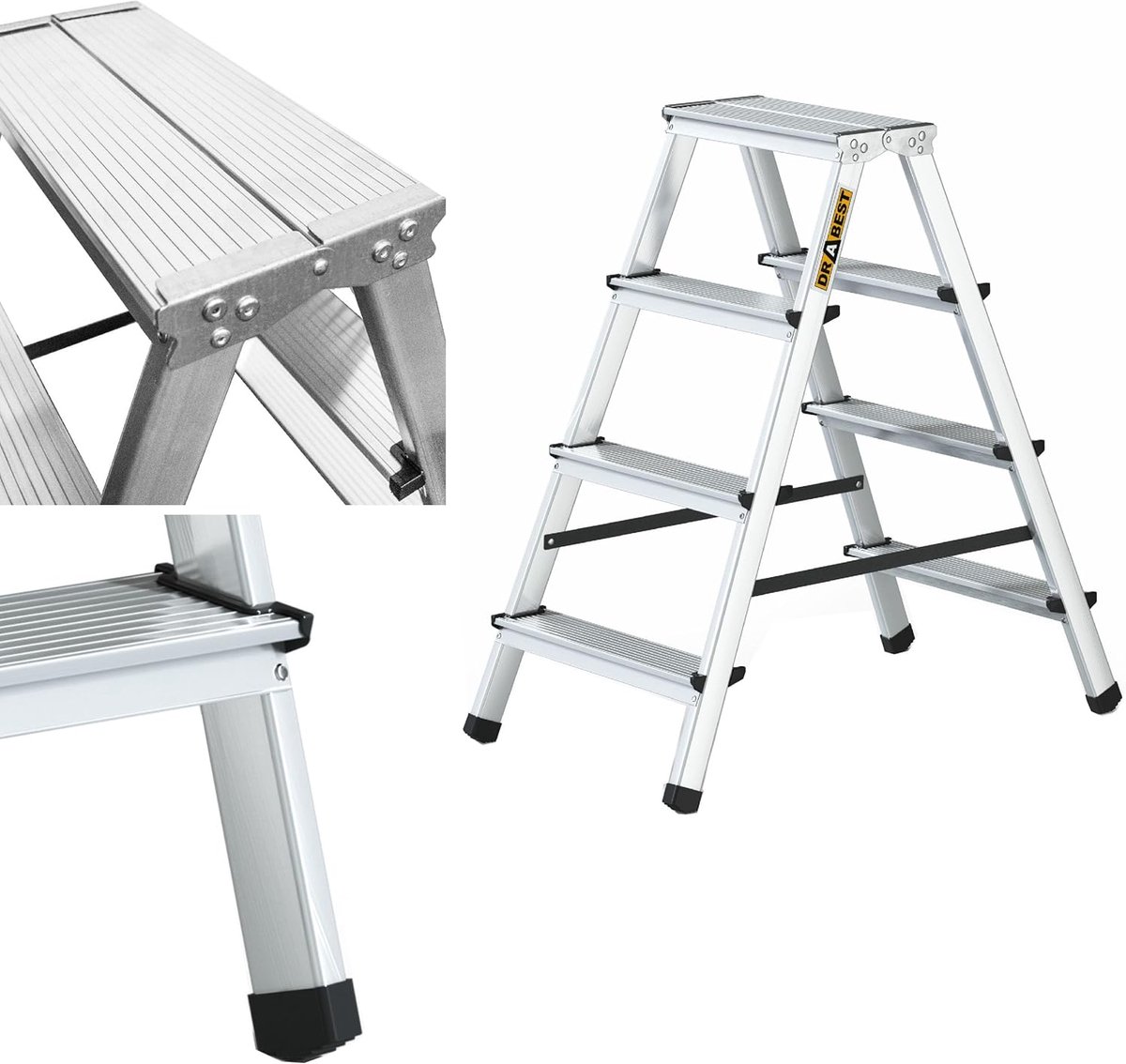 Huishoudladder Aluminium - Dubbelzijdige ladder - Dagelijkse klusjes - Met werkplatform - 125 kg capaciteit - Zilver