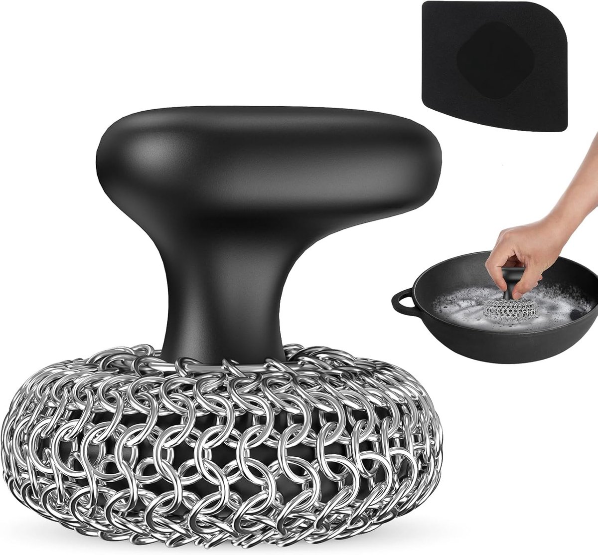 Gietijzer Reiniger - Schrobber Pan - Keuken Schoonmaken - Handgeweven Kettingstructuur - 8.7 x 8.6 cm - Zwart