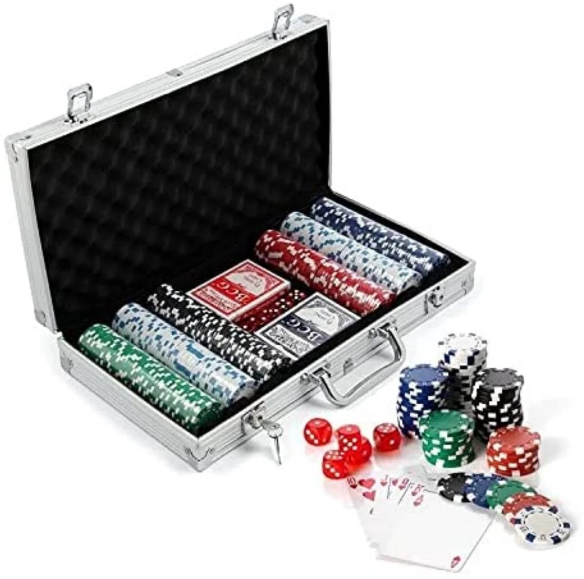 Dailygoods Complete Pokerset - Metalen Kist - 300 11,5g Chips zonder Nummers + 2 Sets Kaarten, 3 Dealer Buttons, 5 Dobbe