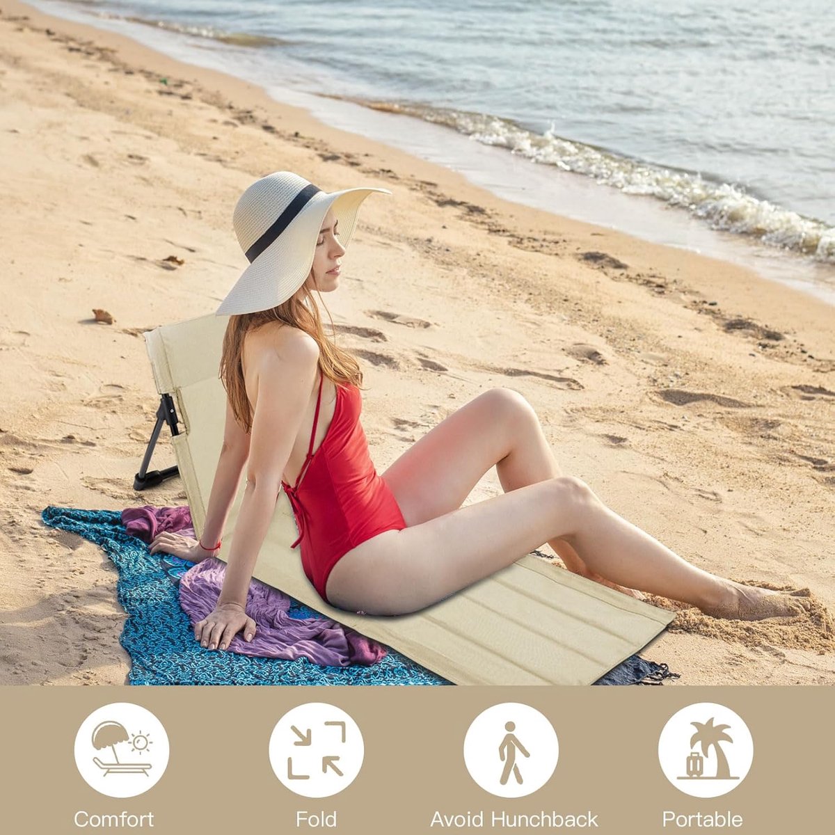 1-delige set - Strandmat met rugleuning - Strandstoel met rugleuning - Opvouwbare strandstoelmat - Draagbare strandstoel - Opvouwbare vloerstoel - Inclusief opbergtas - Geschikt voor strand, kamperen, enz. - 108*40.5cm - Beige — cadeau in Sport & Outdoor - foto 4