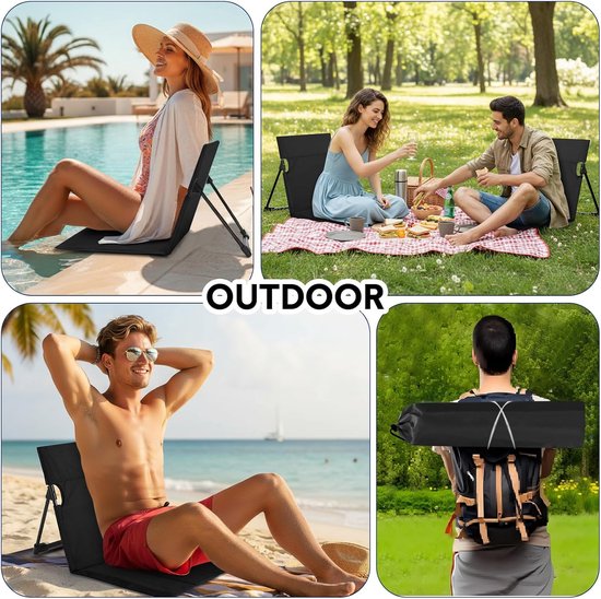 1-delige set - Strandmat met rugleuning - Strandstoel met rugleuning - Opvouwbare strandstoelmat - Draagbare strandstoel - Opvouwbare vloerstoel - Inclusief opbergtas - Geschikt voor strand, kamperen, enz. - 68*39,5 cm - Zwart — afbeelding 5