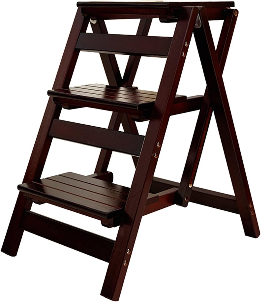 Houten Opvouwbare Kruk - Opstapje Trapladder - Huishoudelijk Gebruik - Antislip Groeven - 3 Treden - Zwart