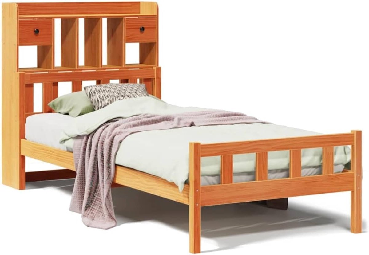 Houten Bedframe - Eenpersoons Frame - Ruimtebesparend Slapen - Met Boekenplank Hoofdeinde - 75x190 cm - Bruin